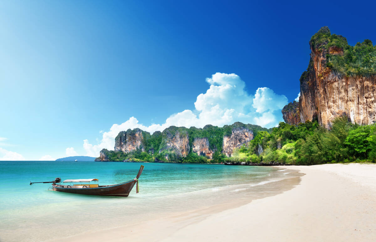 Railay beach in Krabi province, Thailand, is a must-see beach destination.