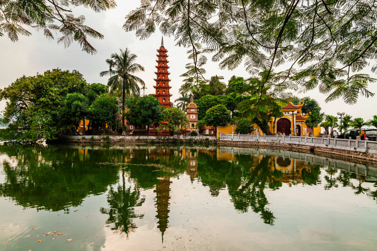 Morning view of the Tran Quoc pagoda, the oldest temple in Hanoi, Vietnam.