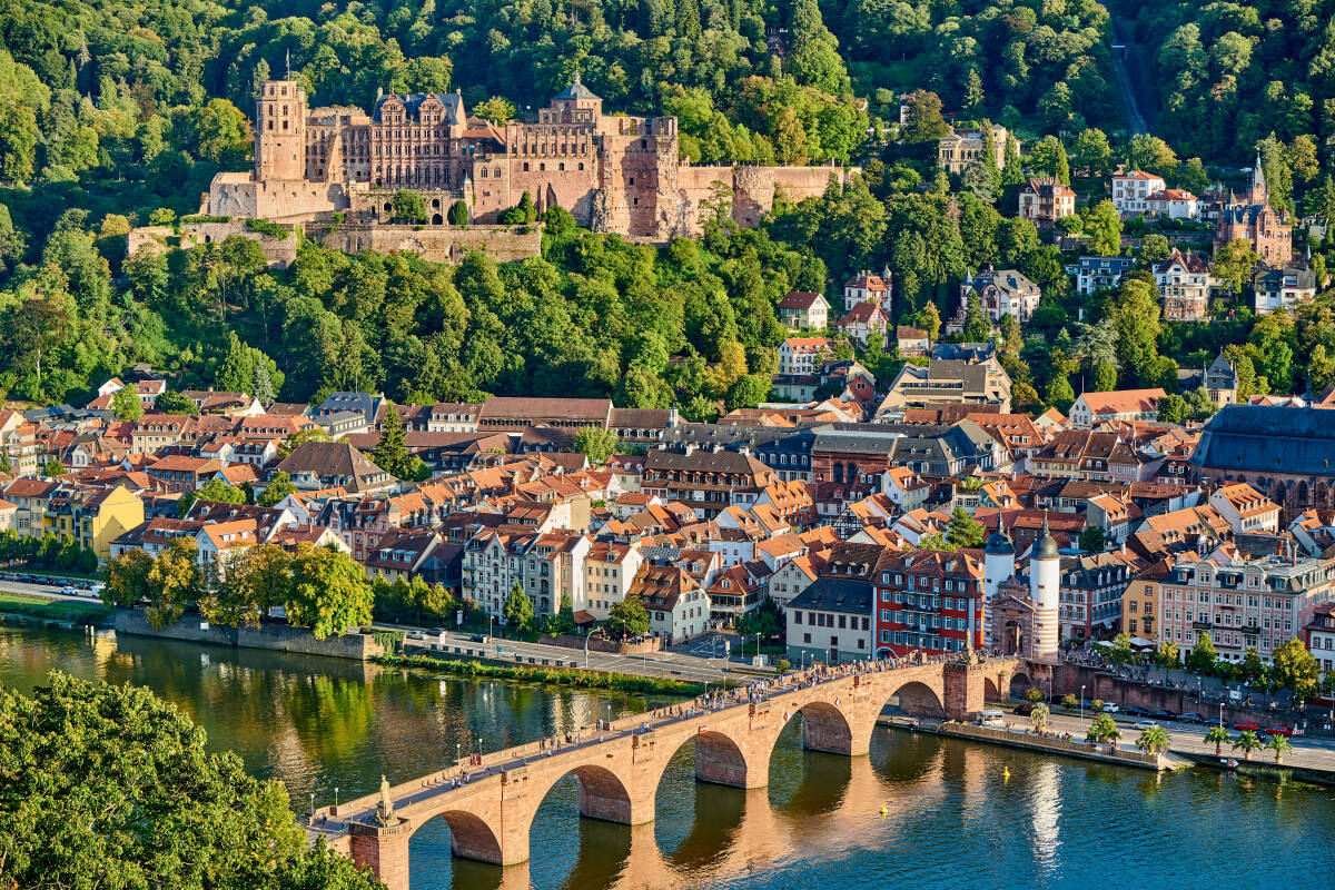 Heidelberg town with old Karl Theodor bridge and castle on Neckar river