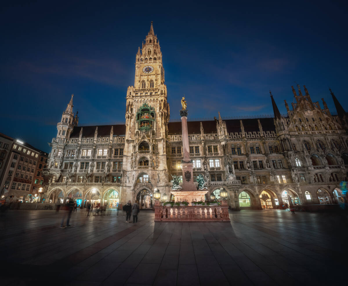 The New Town Hall Marienplatz Square at night in Munich, Bavaria, Germany