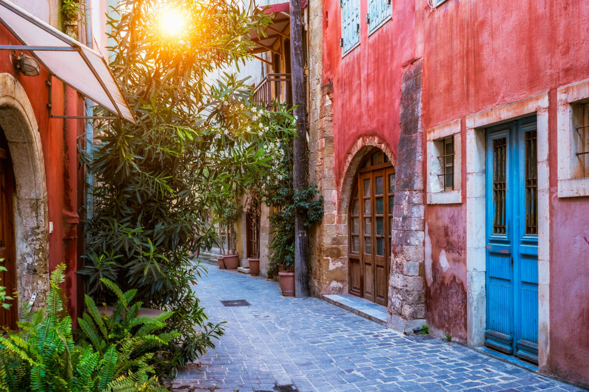 streets of Chania Venetian town with colorful old houses in Crete island, Greece