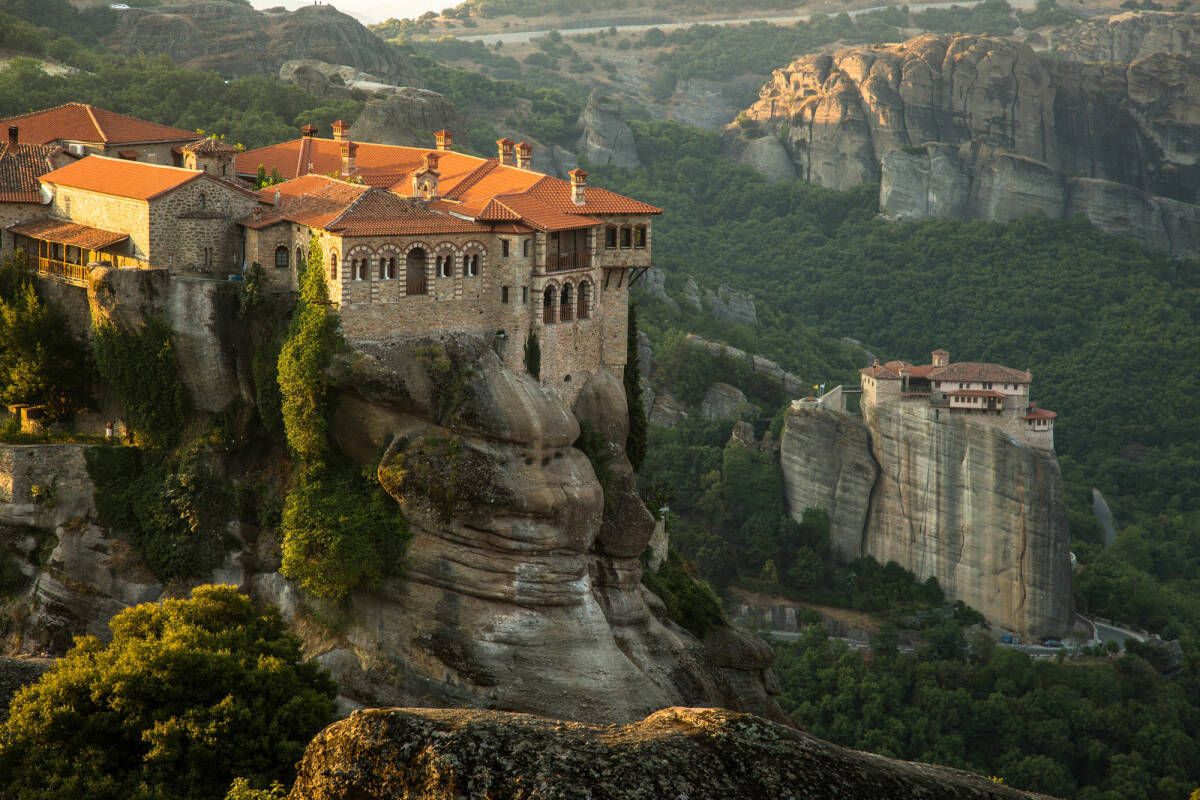 Morning view of Meteora monasteries in Kastraki, Greece