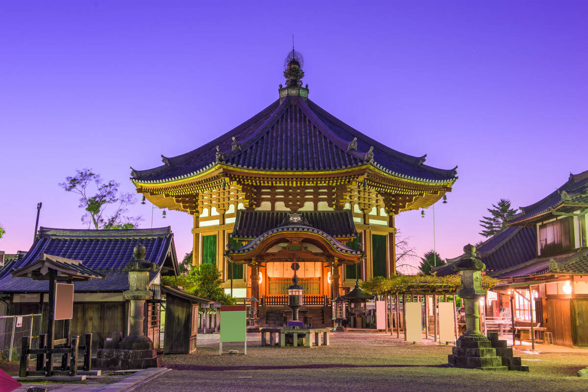 Front view of  Kofuku-ji Temple in Nara, Japan, at Nanendo Pavilion.