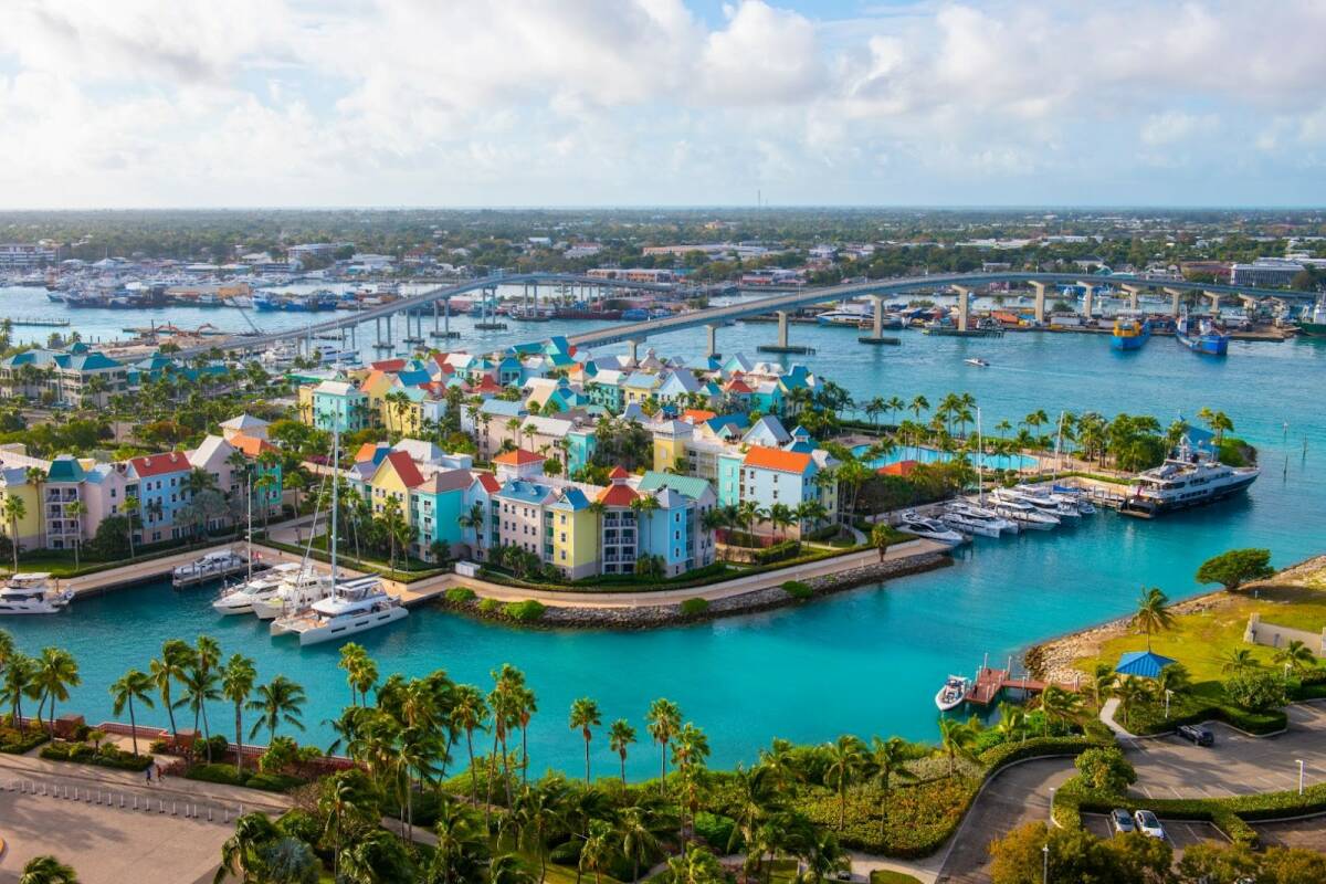 Harborside Villas aerial view at Nassau Harbour with Nassau downtown in the background, from Paradise Island, Bahamas