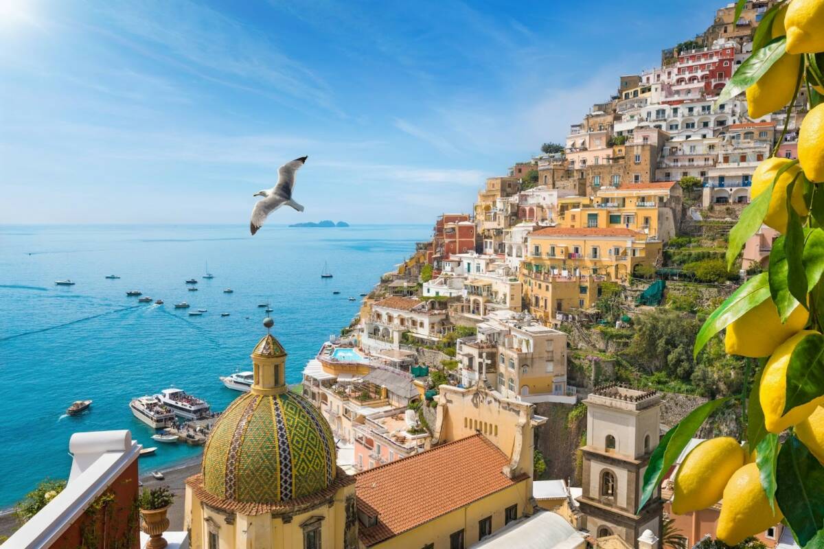 A beautiful blue sky day overlooking Positano on the Amalfi Coast in Campania, Italy