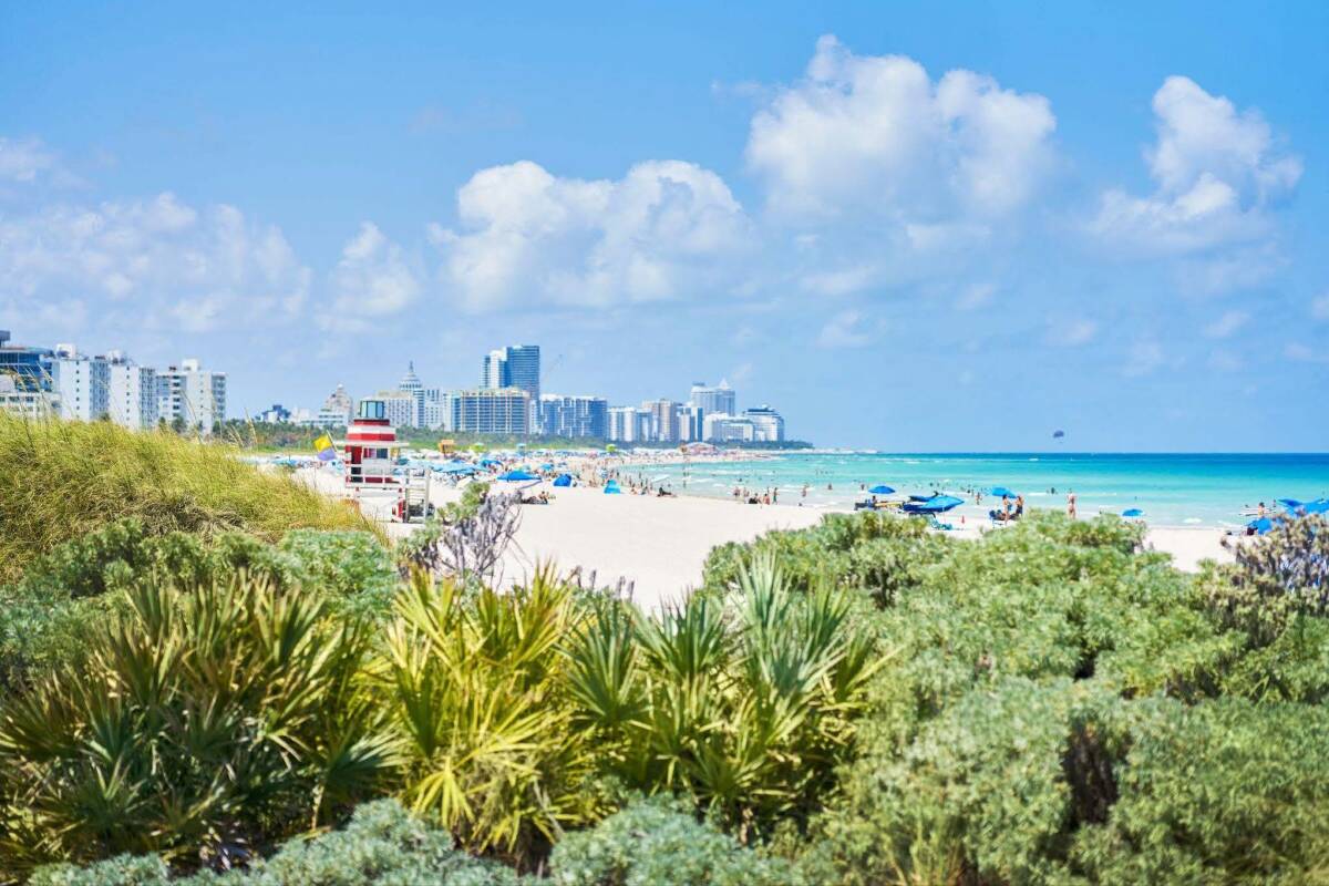 The iconic South Beach in Miami offers a mix of natural     beauty and urban excitement, perfect for a warm-weather escape.